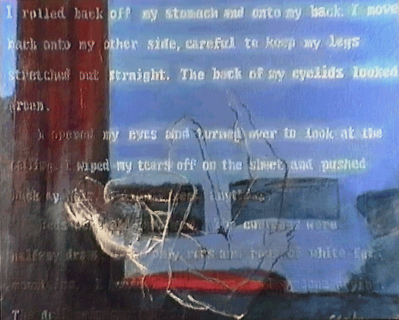 Painting of a woman rolling in bed with an embossed text written by Janet Yesk